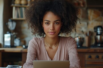 At her home workstation, a woman types on her laptop