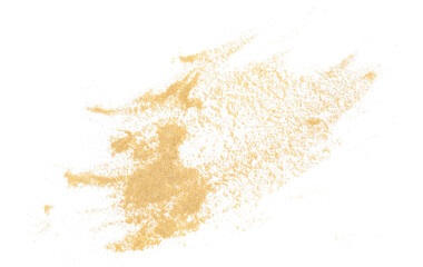 Yellow maca organic powder scattered isolated on white, top view