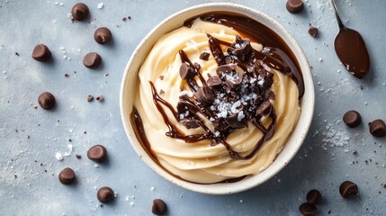 Aerial view of creamy dessert topped with salted caramel sauce and chocolate chips on a textured surface