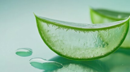 Aloe vera leaf close up with gel droplet highlighting natural health benefits and soothing properties on soft green background