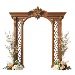 Fototapeta premium Elegant Wooden Wedding Arch Adorned with Flowers and Fabrics for Ceremony