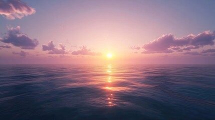 Naklejka premium Serene sunset view over a calm ocean with soft hues reflecting on the water creating a peaceful and tranquil atmosphere.