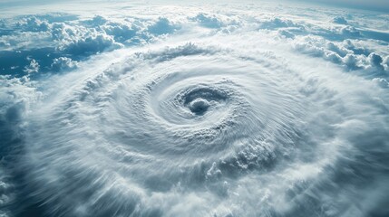 Aerial view of a powerful tropical cyclone eye surrounded by swirling clouds in the atmosphere showcasing nature's fury and beauty