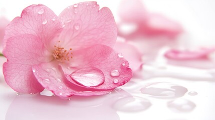 Delicate pink flower adorned with water droplets on a soft white background exuding freshness and beauty