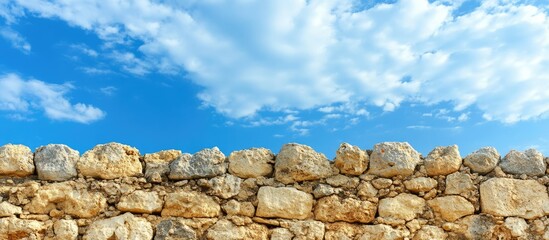 Crumbling ancient stone wall under a bright blue sky ideal for historical and architectural design projects