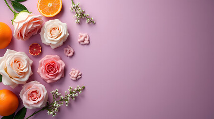 Obraz premium Roses and oranges on a purple background. Natural spa products and bath decor. Concept of aromatherapy and fragrance. Flat lay composition, top view with space for text.