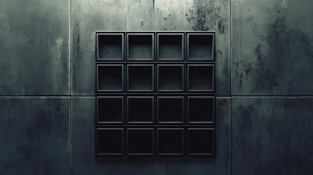 2048 game screen with empty slots and black square tiles on a textured dark wall background for gaming and app design concepts