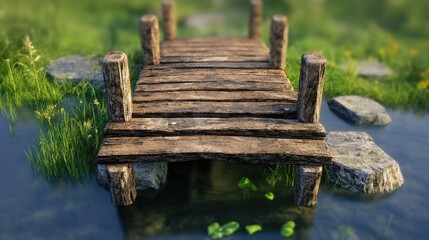 Rustic wooden bridge over calm water surrounded by lush greenery and stones in a tranquil natural setting