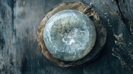 Alpine Blue Cheese displayed on rustic wooden board with natural textures and overhead perspective ideal for culinary or gourmet themes