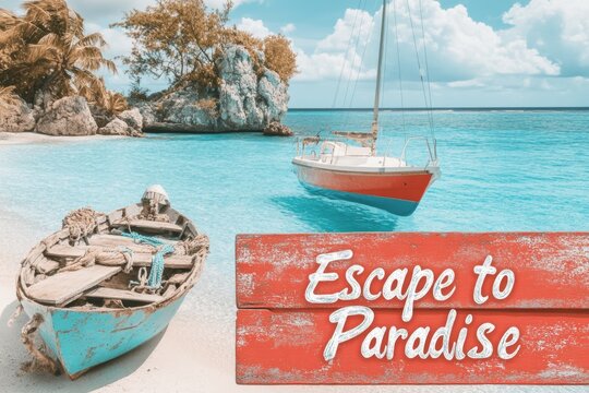 A vintage-style travel poster of an idyllic island, with bold typography reading &acirc;&euro;&oelig;Escape to Paradise&acirc;&euro; and classic design elements