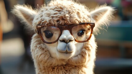 Alpaca wearing oversized glasses showcasing a quirky and playful personality in a captivating close-up portrait.