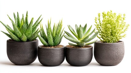 Fototapeta premium Aloe vera and succulent plants in modern black pots showcasing diverse textures and shapes for home decor and gardening inspiration