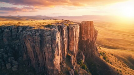 Fototapeta premium Aerial view of dramatic cliffs illuminated by sunset with vibrant sky over expansive landscape showcasing natural beauty and rugged terrain