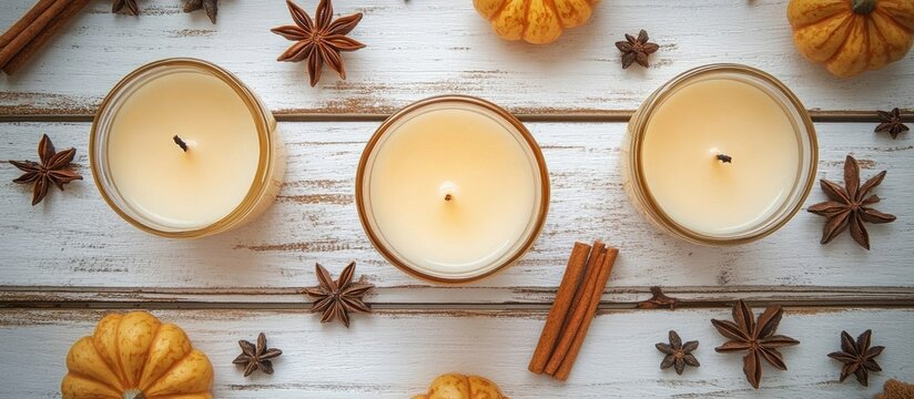 Cozy autumn flat lay with pumpkin candles star anise and cinnamon on rustic wood surface perfect for seasonal home decor inspiration