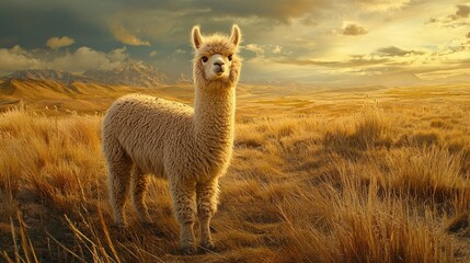 Fototapeta premium Alpaca standing in golden grasslands of the Altiplano under a dramatic sky showcasing natural beauty and wildlife in Peru