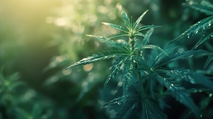 Lush green cannabis leaves glistening with dew in a serene indoor cultivation setting showcasing the growth of medical marijuana plants.