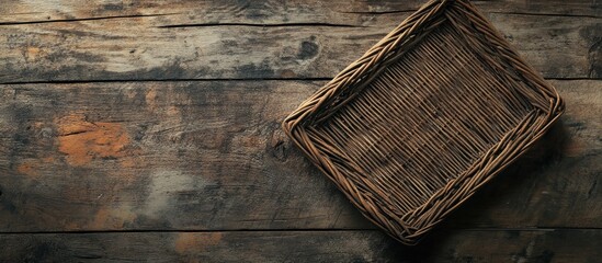 Antique wicker frame on rustic wooden background ideal for showcasing treasured memories or artistic creations.