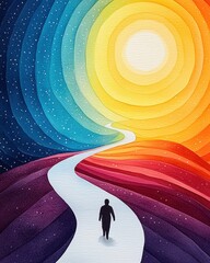 Naklejka premium Never give up the mindset of persistence and victory. A person walks along a colorful, winding path toward a bright sun