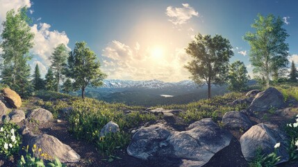 Stunning 360 VR Virtual Reality Landscape with Lush Greenery Snowy Mountains and Bright Sunlight