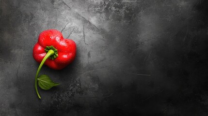 Vibrant red bell pepper with green stem on textured black and white background highlighting its natural color and shape