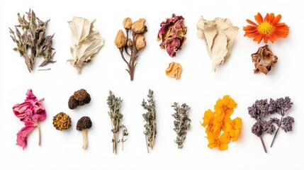 Diverse Collection of Dried Herbs and Flowers on White Background for Culinary and Wellness Uses
