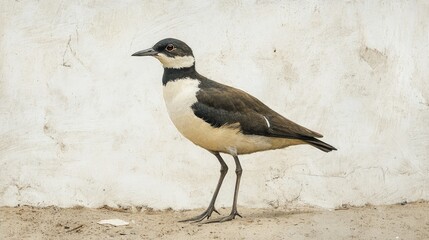 Southern lapwing standing on sandy beach with a neutral background showcasing its distinctive plumage and posture.