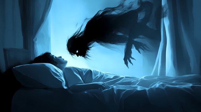 Person experiencing sleep paralysis with a shadowy figure hovering over them, ai generated. Wraithlike. Illustration