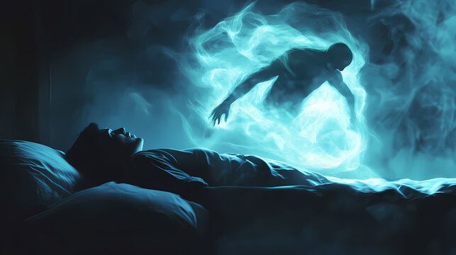 Person experiencing sleep paralysis with a shadowy figure hovering over them, ai generated. Wraithlike. Illustration