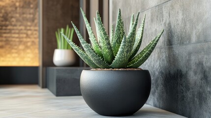 Aloe vera plant elegantly displayed in a modern black pot enhancing contemporary interior decor.
