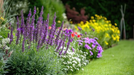 Obraz premium Vibrant garden scene featuring blooming purple flowers alongside colorful flowerbeds in a lush green landscape