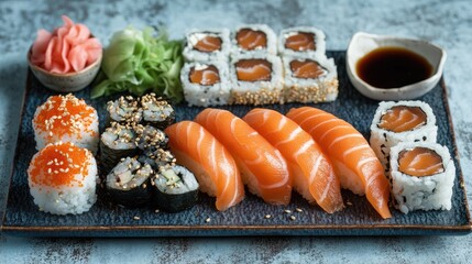 Assorted sushi platter featuring salmon rolls soy sauce pickled ginger and greens elegantly arranged on a textured blue background