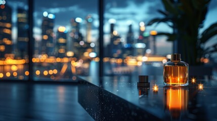 Luxurious Perfume Bottle on Sleek Modern Table with Captivating Evening City Skyline and Glowing Urban Lights Reflectionperfume