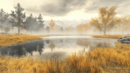 Fototapeta premium Serene bog lake in morning fog with dry grass reflections and cloudy sky creating a tranquil autumn landscape scene.