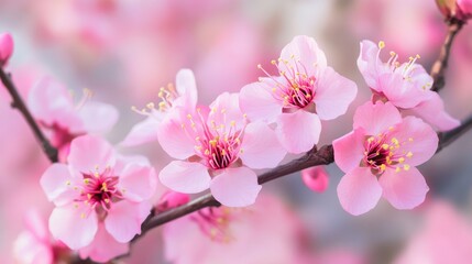 Obraz premium Delicate pink blossoms on a branch with soft pastel background creating a serene floral ambiance in springtime.