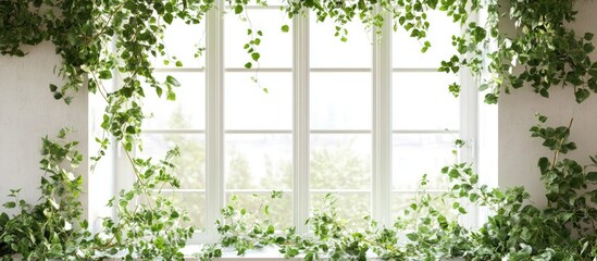 Bright white window surrounded by vibrant green vines enhancing the natural feel in interior home decor settings.