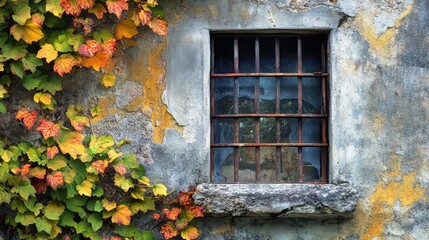 Weathered jail window framed by vibrant autumn leaves showcasing a blend of history and nature's beauty.