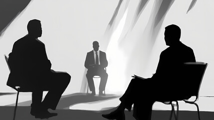 Shadowy business figures engaged in discussion (ai generated). tense. illustration. Wraithlike. Illustration