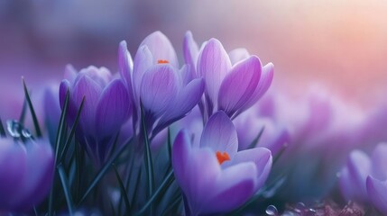 Purple crocus flowers blooming in springtime showcasing delicate petals and vibrant hues in a soft...