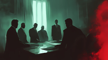 Shadowy mafia meeting in dimly lit room, plotting underworld moves, atmospheric illustration. Wraithlike. Illustration