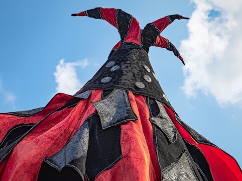 An isolated figure in a jester costume against a clear blue sky embodies carnival spirit. Dressed in black-red foolscap with bells, the subject is a close-up of the joker's head from behind