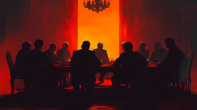 Shadowy mafia meeting in dimly lit room, plotting underworld moves, atmospheric illustration. Wraithlike. Illustration