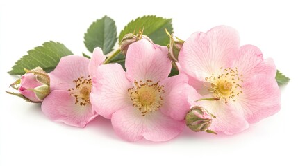 Closeup of wild pink roses and buds with green leaves isolated on a white background showcasing their delicate petals and natural beauty