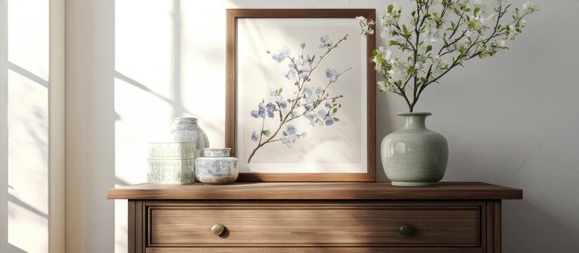 30x40 poster frame mockup stylishly arranged on wooden drawer with decorative items highlighting interior design elegance