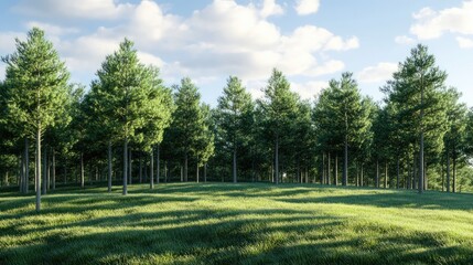 Serene landscape featuring lush green lawn and tall pine trees under a bright blue sky with fluffy white clouds