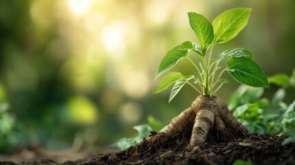 Obraz premium Wild yam root herb growing in soil highlighting its use in herbal medicine and natural health practices in a natural setting.