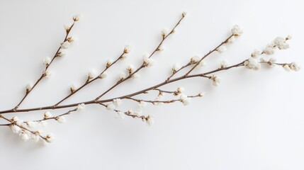 Fototapeta premium Willow catkins branch with delicate white flowers arranged on a clean white background showcasing nature's beauty and springtime freshness