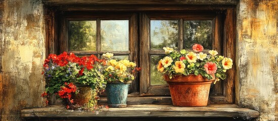 Fototapeta premium Charming window display with vibrant flowerpots enhancing the warm atmosphere of home decor and showcasing nature's beauty indoors