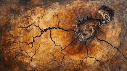 Closeup view of an aged tree stump displaying intricate wood grain textures and deep cracks in rich brown tones for background use