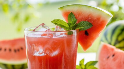 Close-Up Shot of a Tall Glass of Fresh Watermelon Juice with Ice Cubes, Garnished with a Watermelon Slice and Mint Leaves, Set Against a Bright and Summery Background with Watermelon Slices 