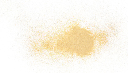 Yellow maca organic powder scattered isolated on white, top view